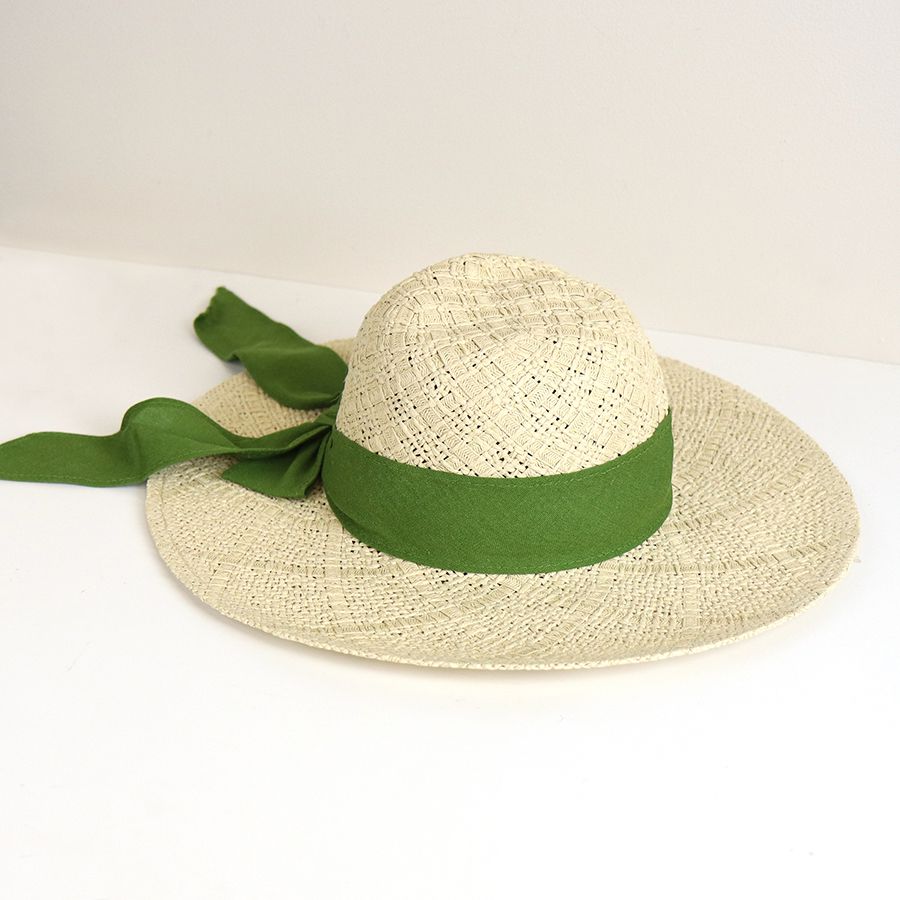 Cream Sun Hat with Green Ribbon by Peace of Mind hillyhorton